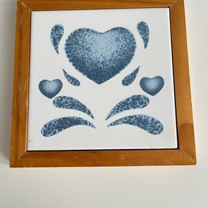 Vintage Cottagecore Blue Heart Tile Trivet Wall Decor Wood Frame Made in Taiwan